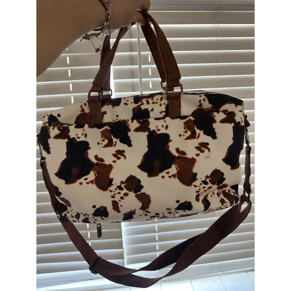 Wrangler Cow Print Weekender Duffel Bag Western Travel Carry On Brown Cream